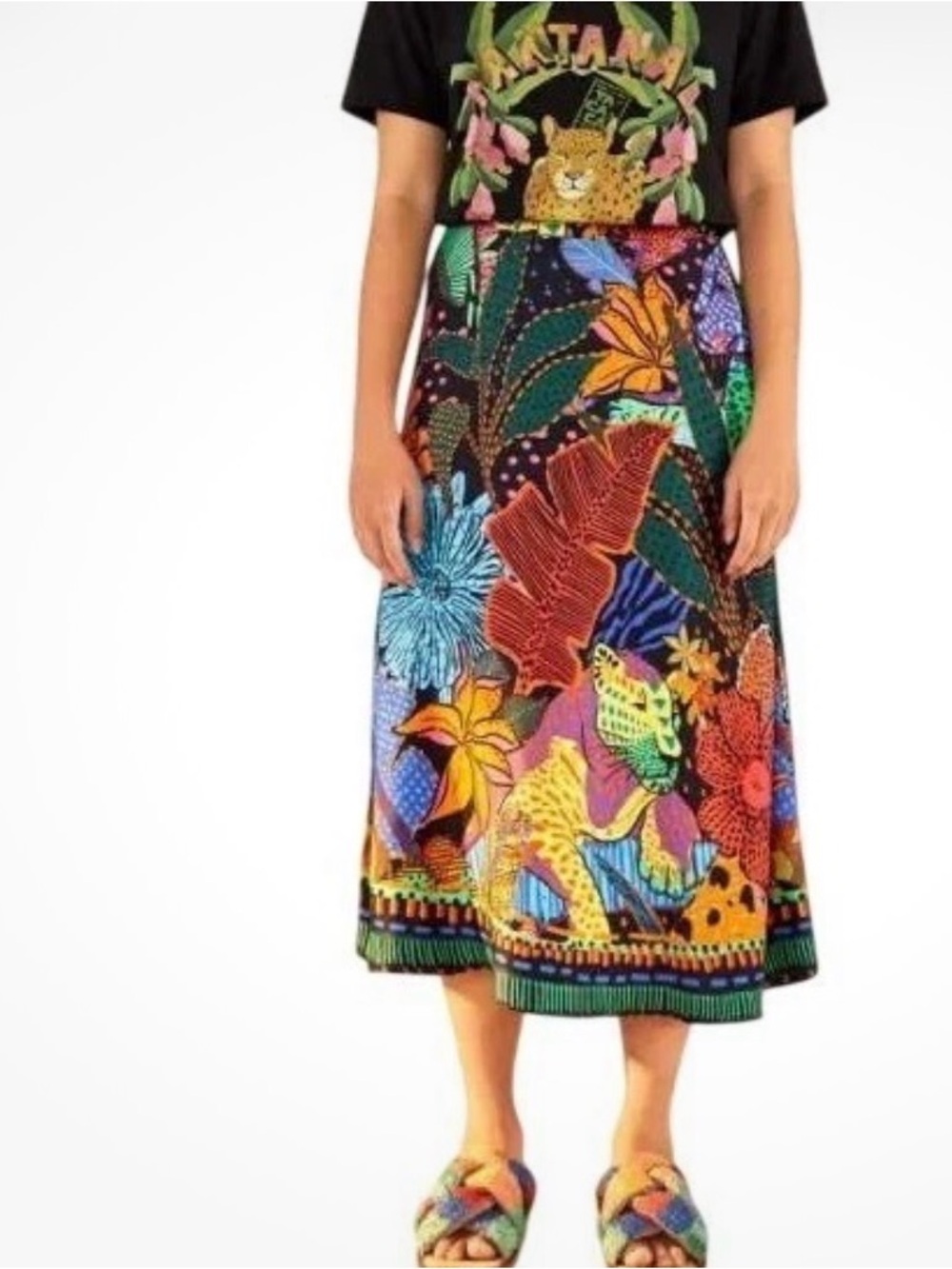 FARM RIO Black COOL LEOPARD MIDI Skirt! Bold Colorful floral & Animal print. XL - Picture 4 of 10